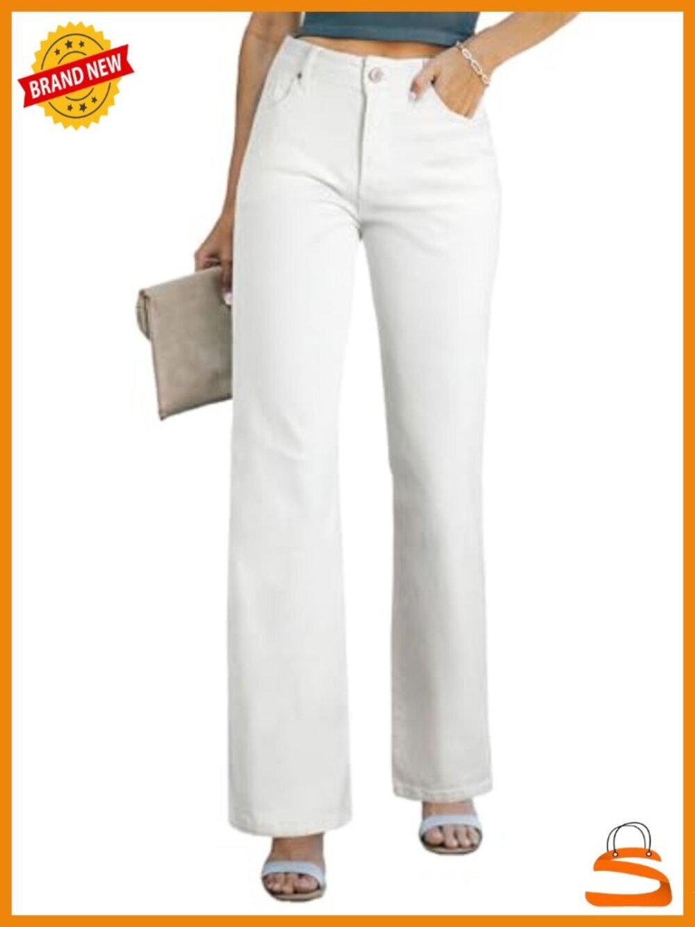 High Waisted Wide Leg Denim Jeans with Pockets - 5 Pocket Stretch Cotton